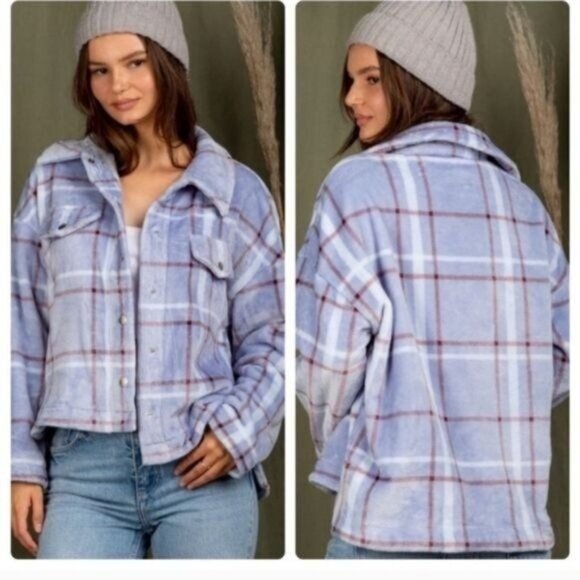 CASUAL COZY FUZZY PLAID SHIRT- JACKET-SHACKET- Hi-Low--NEW - Picture 1 of 5